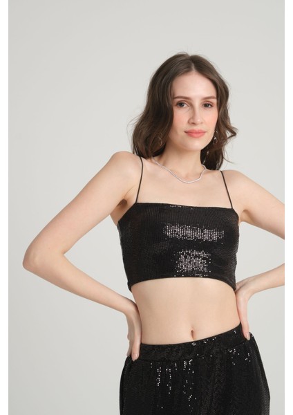 Siyah Pul Payet Askılı Crop Top