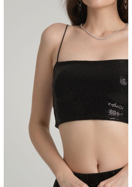 Siyah Pul Payet Askılı Crop Top