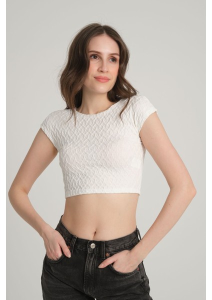 Bürümcük Desenli Beyaz Crop Top M