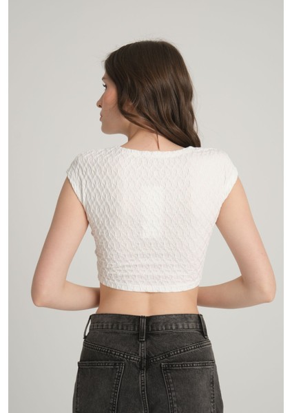 Bürümcük Desenli Beyaz Crop Top M