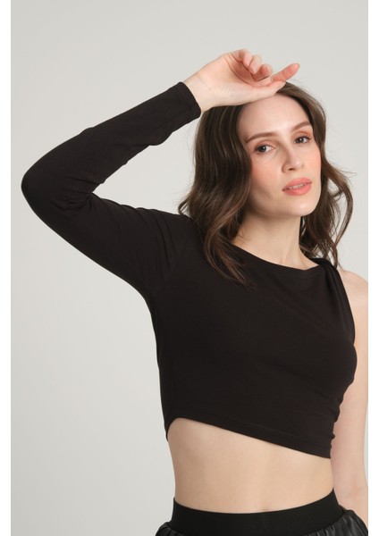 Tek Omuz Siyah Crop Top L