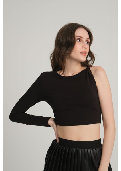 Tek Omuz Siyah Crop Top L