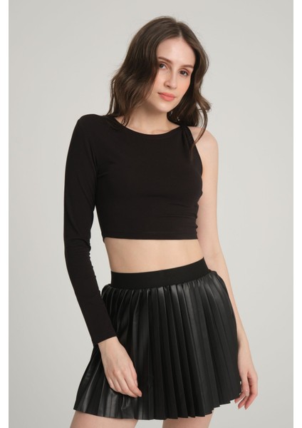 Tek Omuz Siyah Crop Top L