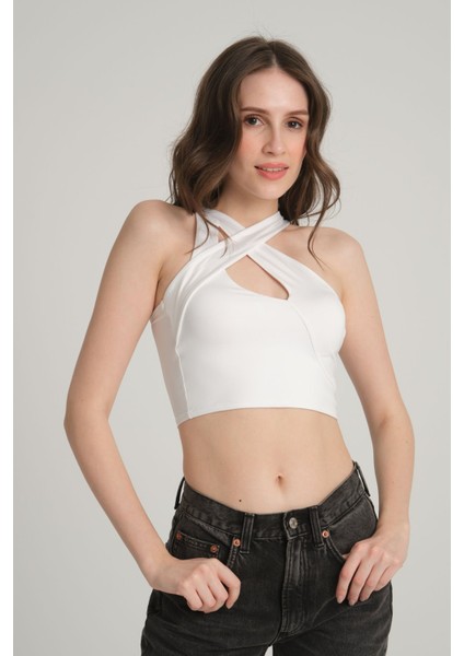 Çapraz Askılı Beyaz Crop Top Xs