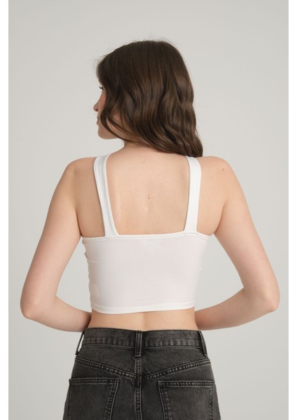 Çapraz Askılı Beyaz Crop Top Xs