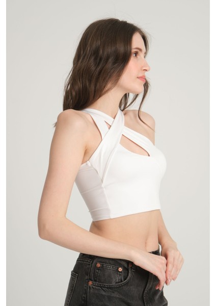 Çapraz Askılı Beyaz Crop Top Xs