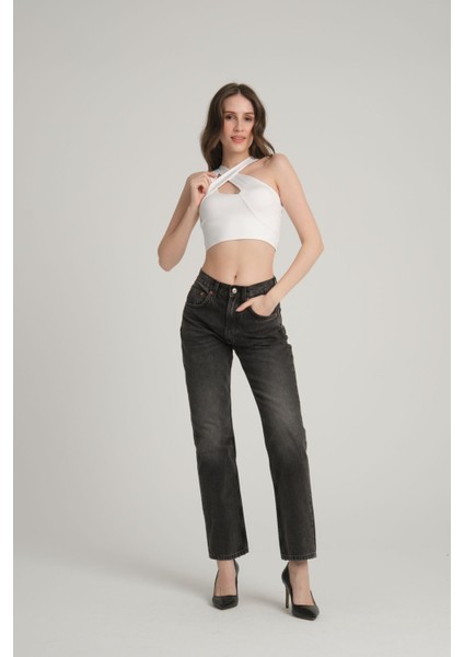 Çapraz Askılı Beyaz Crop Top Xs