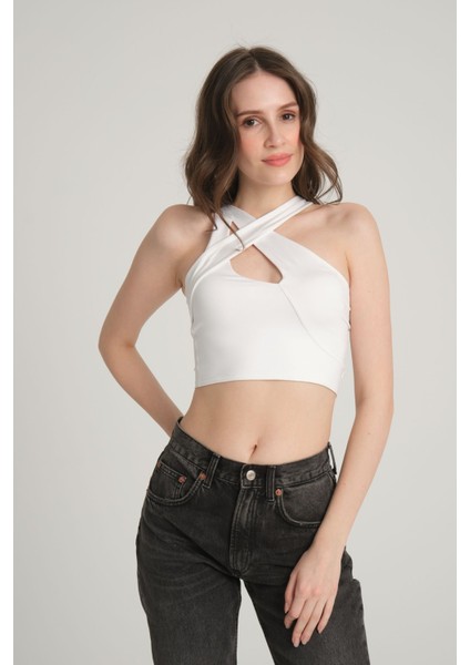 Çapraz Askılı Beyaz Crop Top Xs