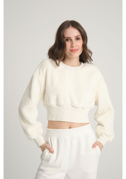 Peluş Ekru Sweatshirt Xs