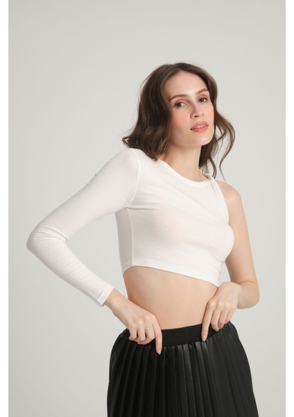 Tek Omuz Ekru Crop Top S