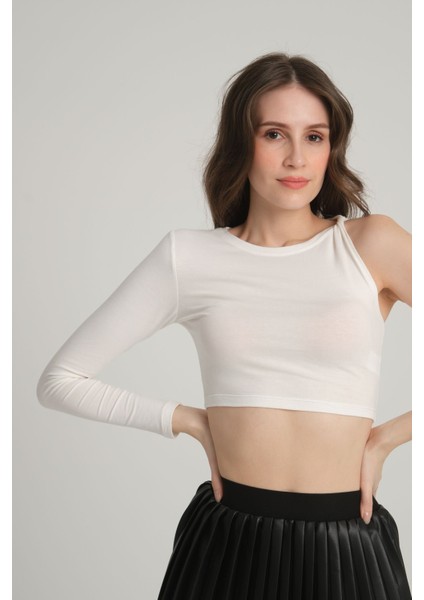 Tek Omuz Ekru Crop Top S