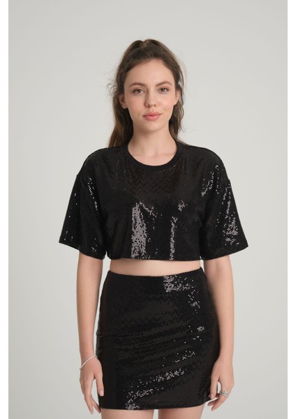 Siyah Pul Payet Crop Top Xs