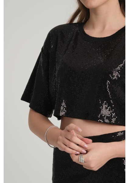 Siyah Pul Payet Crop Top Xs