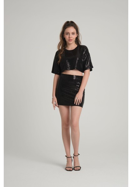Siyah Pul Payet Crop Top Xs
