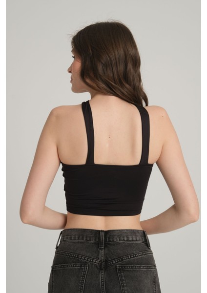 Çapraz Askılı Siyah Crop Top