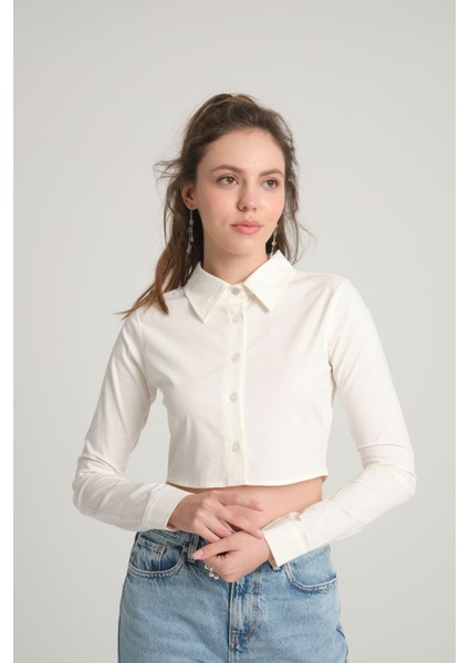 Ekru Crop Poplin Gömlek M