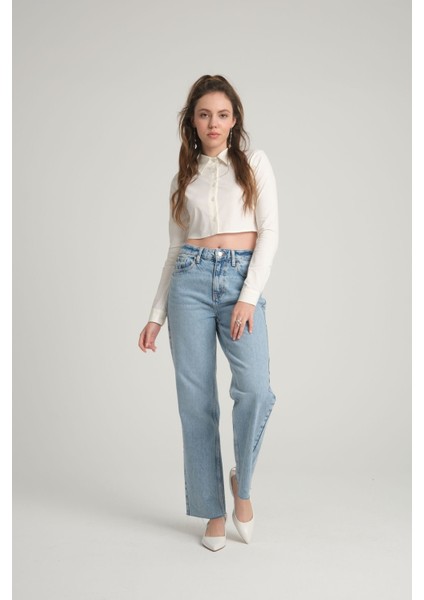 Ekru Crop Poplin Gömlek M