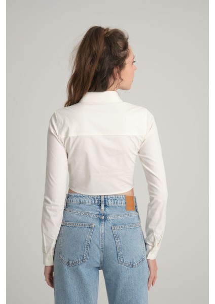 Ekru Crop Poplin Gömlek M