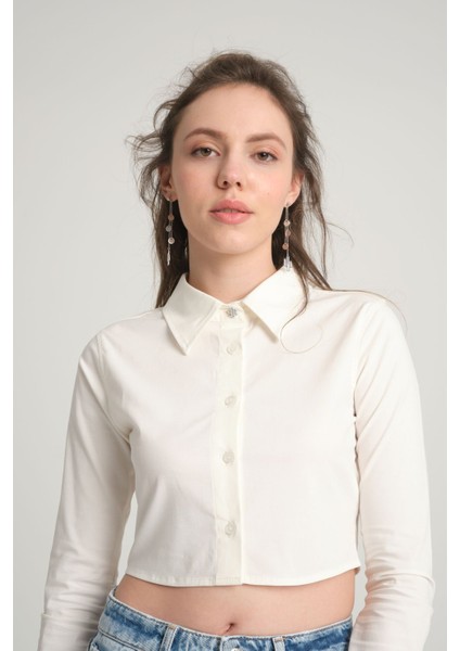 Ekru Crop Poplin Gömlek M