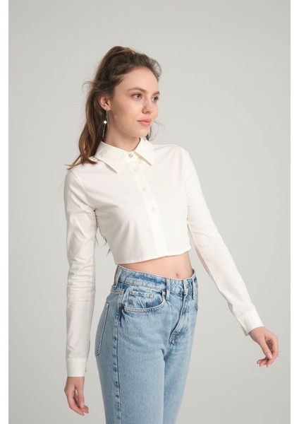 Ekru Crop Poplin Gömlek M