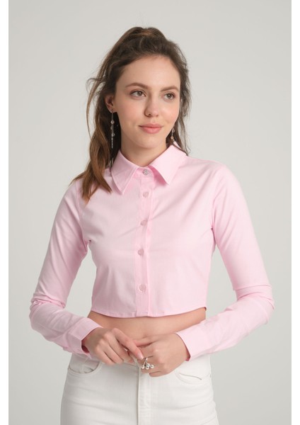 Pembe Crop Poplin Gömlek Xs