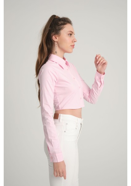 Pembe Crop Poplin Gömlek Xs