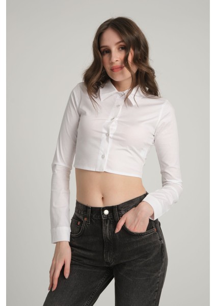 Beyaz Crop Poplin Gömlek L