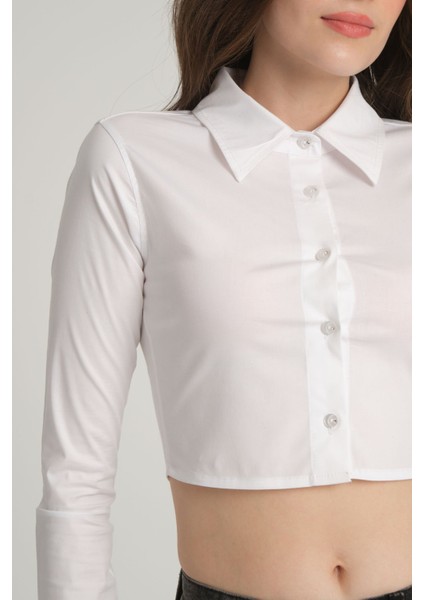 Beyaz Crop Poplin Gömlek L