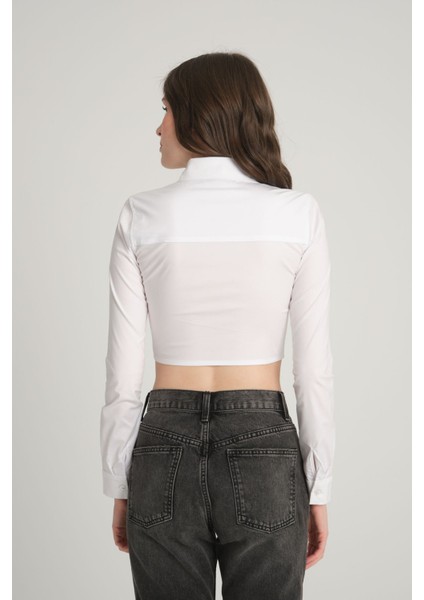 Beyaz Crop Poplin Gömlek L