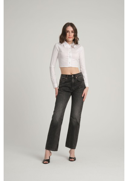Beyaz Crop Poplin Gömlek L
