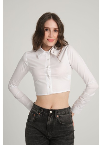 Beyaz Crop Poplin Gömlek L