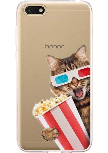 Huawei Honor 7s ile Uyumlu 1mm Slim Fit Kedi 1 050B Baskılı Şeffaf Silikon Kılıf