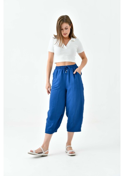 Indigo Beli Lastikli Cepli Şalvar Pantolon