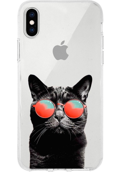 Apple iPhone Xs ile Uyumlu 1mm Slim Fit Kedi 3 050D Baskılı Şeffaf Silikon Kılıf