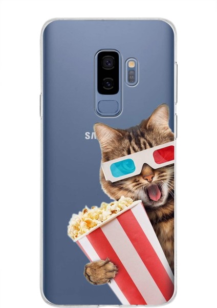 Samsung Galaxy S9 Plus ile Uyumlu 1mm Slim Fit Kedi 2 050B Baskılı Şeffaf Silikon Kılıf