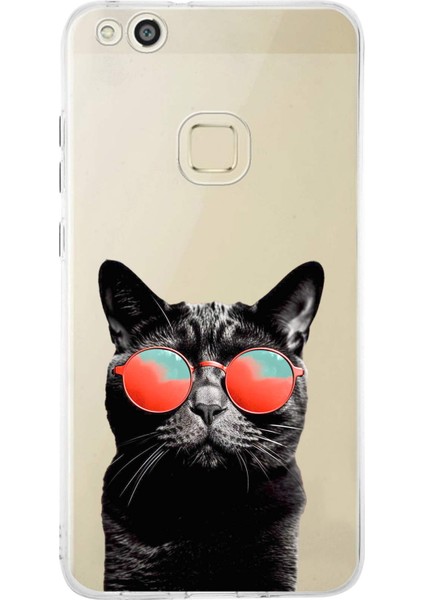 Huawei P10 Lite ile Uyumlu 1mm Slim Fit Kedi 3 050D Baskılı Şeffaf Silikon Kılıf