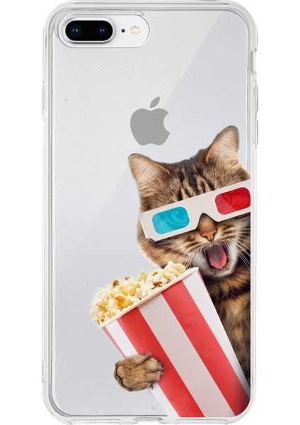 Apple iPhone 8 Plus ile Uyumlu 1mm Slim Fit Kedi 1 050B Baskılı Şeffaf Silikon Kılıf