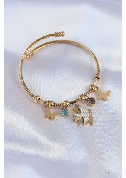 316L Çelik Gold Renk Zirkon Taşlı Minimal Kalp Detay Kelebek Charm Bileklik - EBJ240613W24949