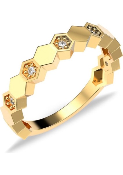 Tekno Trust Mineli Petek Motifli Altın Kaplama Gümüş Yüzük Zirkon Taş Altın