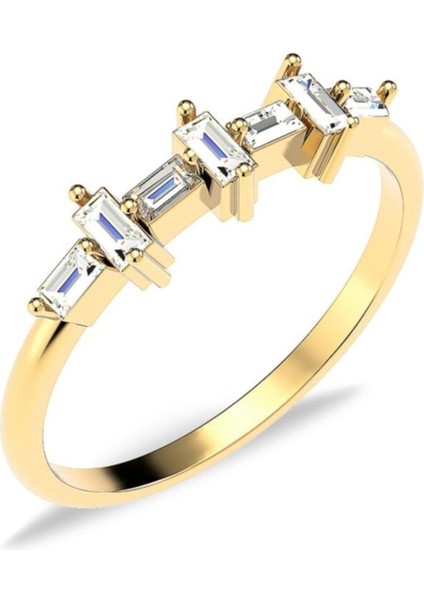 Tekno Trust Mineli Mini Düz Sıra Baget Altın Kaplama Gümüş Yüzük Zirkon Taş Altın Baget