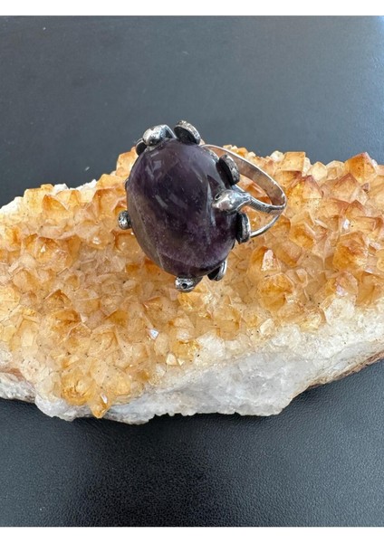 Tekno Trust Mineli Doğal Ametist Taşlı El Yapımı Kadın Gümüş Yüzük 925 Ayar 14.32 Gram Oversize Gümüş Ametist 9 indirimleri