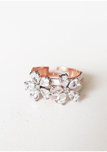 Tekno Trust Pembe Two Flower Beyaz Mineli Gümüş Yüzük 925 Ayar