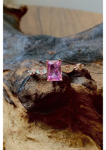 Tekno Trust 925 Ayar Kadın 925 Ayar Rose Altın Kaplama Pembe Kuvars Gümüş Yüzük Altın Mineli Zirkon Taş modelleri
