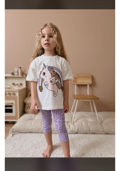Unicorn Baskılı Taytlı T-Shirt Kız Çocuk Takım