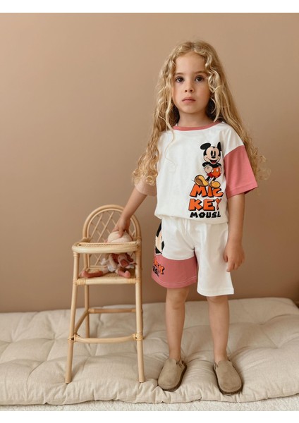 Mickey Mouse Desenli Şort T-Shirt Kız Çocuk Takım
