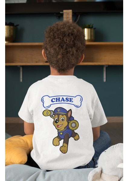 Chase Paw Patrol Sırt Baskılı Unisex Çocuk Tişört, Paw Patrol Baskılı Bebek T-Shirt