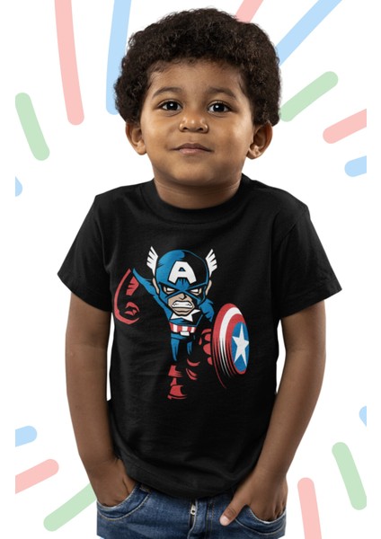 Captan America Baskılı Çocuk Tişört, Unisex Marvel Baskılı Bebek T-Shirt