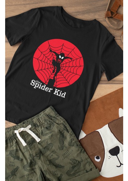 Fuddy Moda The Spider Kid Baskılı Çocuk Tişört, Unisex Örümcek Baskılı Bebek T-Shirt