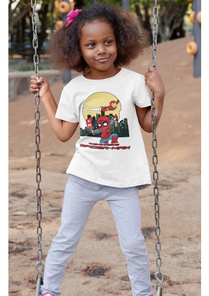 Ironman ve Spiderman Baskılı Çocuk Tişört, Unisex Marvel Baskılı Bebek T-Shirt
