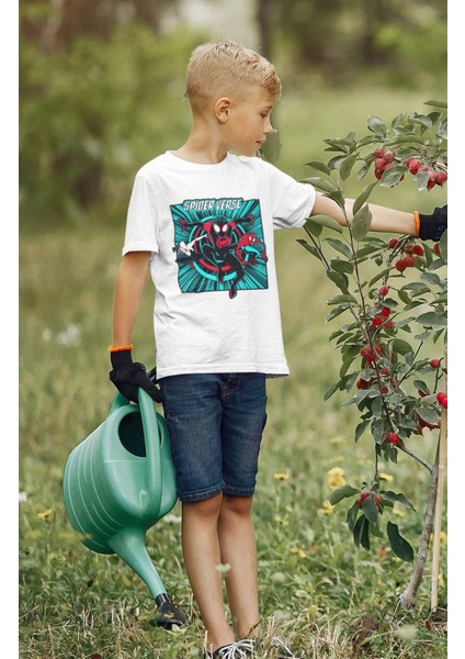 Spider Verse Baskılı Çocuk Tişört, Unisex Örümcek Adam Baskılı Bebek T-Shirt